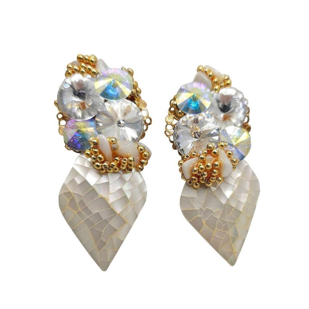Vintage 1980s Gold Tone Clip On Earrings With Crystal Mother-Of-Pearl Beads